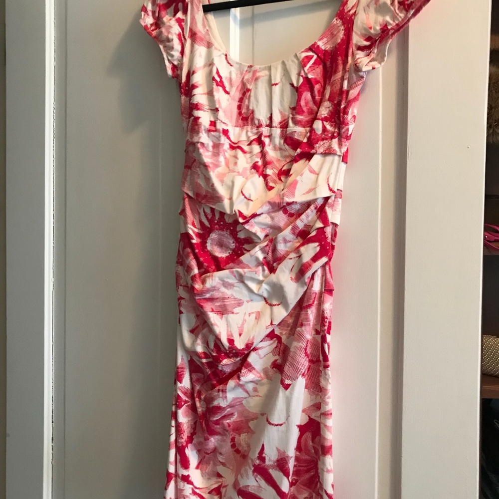 Red and white floral dress.